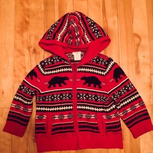 Red knit zip up hoodie fair isles black bear